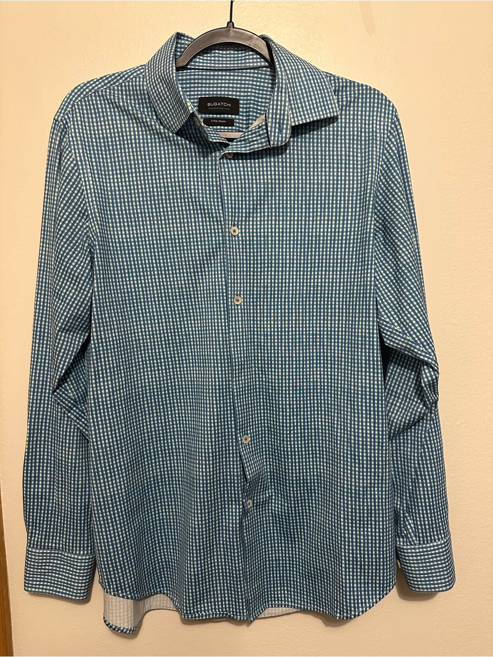 Bugatchi Men's Blue Plaid OoohCotton Tech 8 Way Stretch Shirt XL